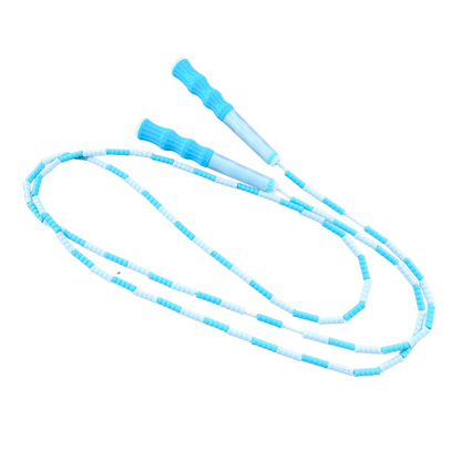 Blue and white soft bead skipping rope for kids on white background