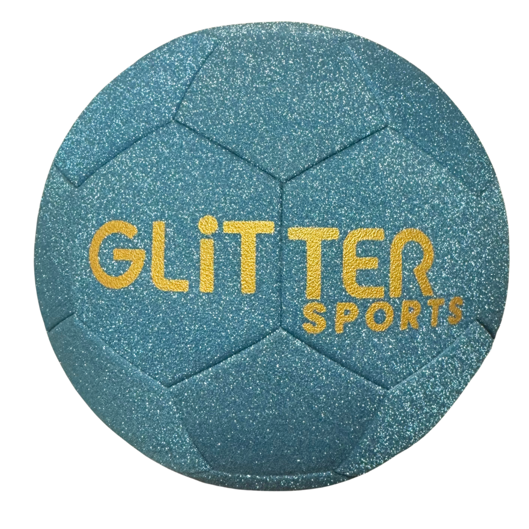 Size 5 blue glitter kids soccer ball with gold 'Glitter Sports' logo on white background. Logo is slightly misaligned.