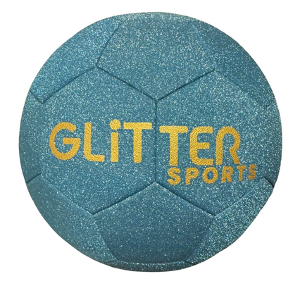 Size 5 blue glitter kids soccer ball with gold 'Glitter Sports' logo on white background. Logo is slightly misaligned.