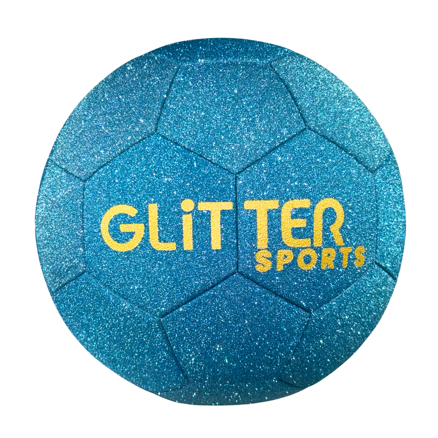 Blue glitter kids soccer ball with 'Glitter Sports' logo in gold on transparent background.