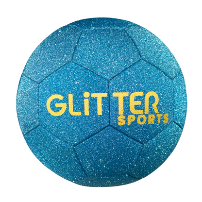 Size 5 sparkly blue kids soccer ball with gold 'Glitter Sports' logo on white background.