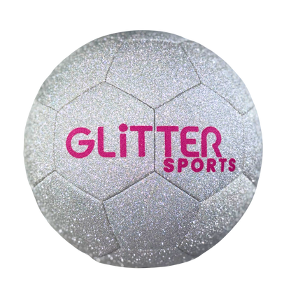 Silver diamond glitter soccer ball with pink 'Glitter Sports' logo on transparent background.