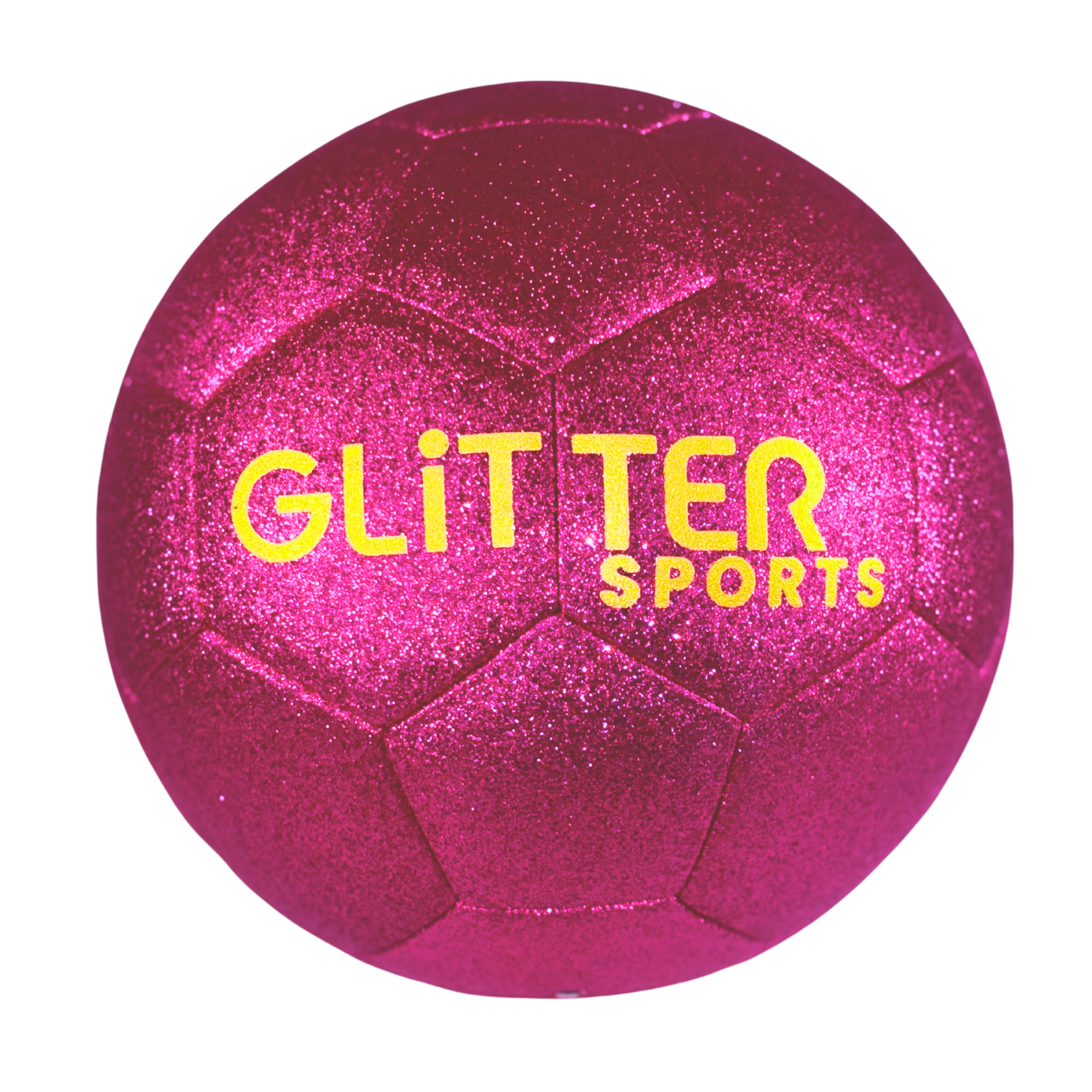 Bright pink glitter soccer ball with gold 'Glitter Sports' logo on white background.