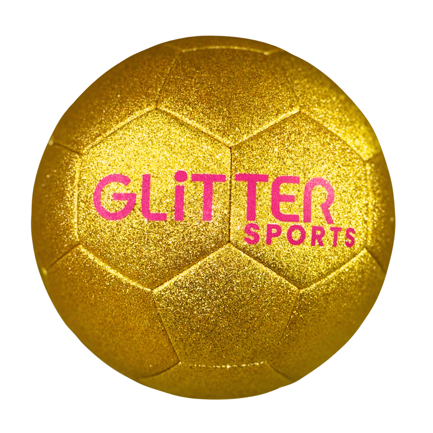 Size 5 gold glitter kids soccer ball with pink 'Glitter Sports' logo on white background.