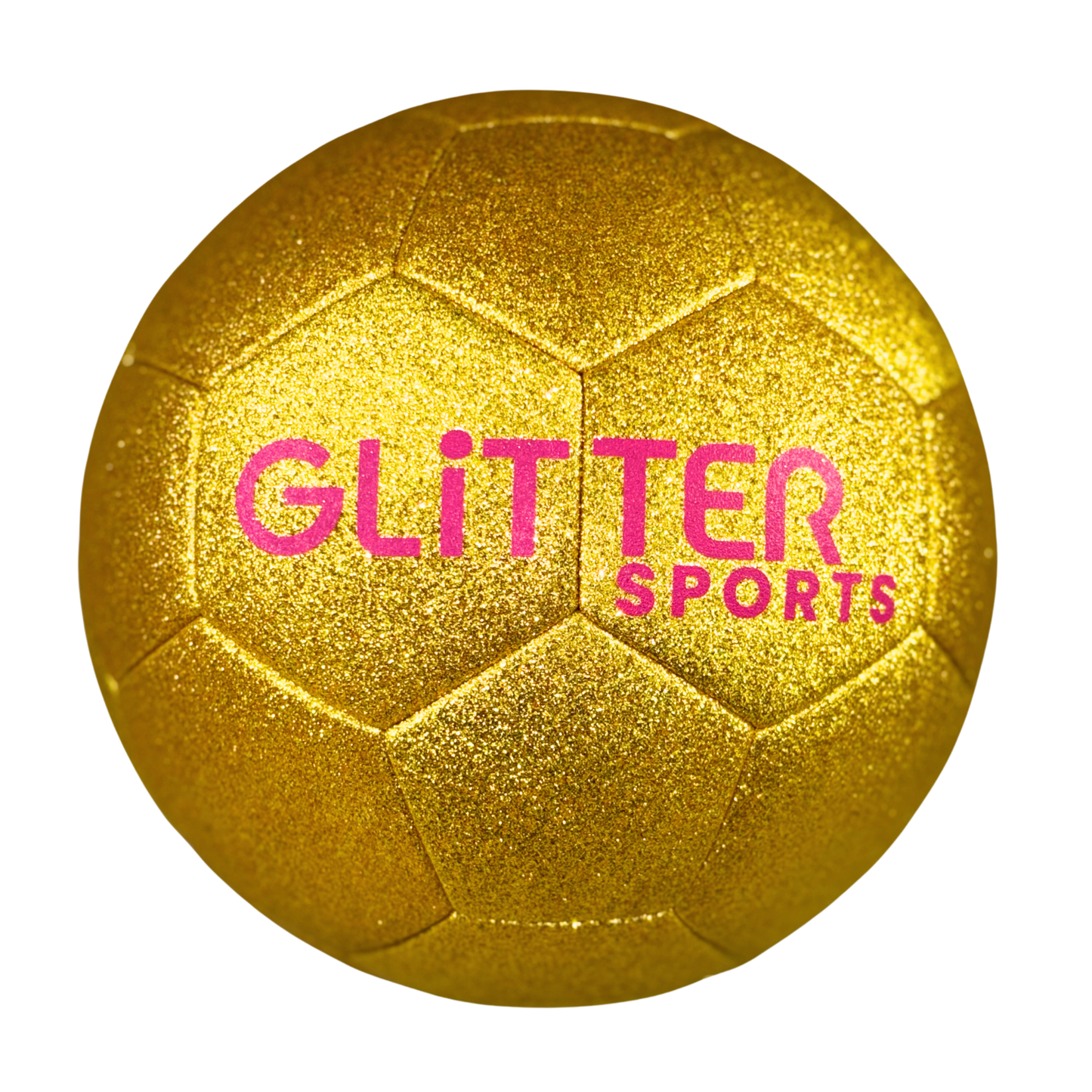 Soccer ball in gold glitter with pink 'Glitter Sports' logo on transparent background, size 5.