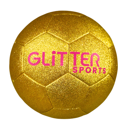 Soccer ball in gold glitter with pink 'Glitter Sports' logo on transparent background, size 5.