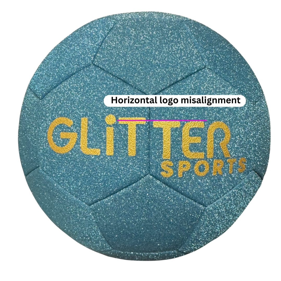 Blue glitter soccer ball with gold 'Glitter Sports' logo on white background. Pink line across logo and white text bubble reading 'horizontal logo misalignment.'