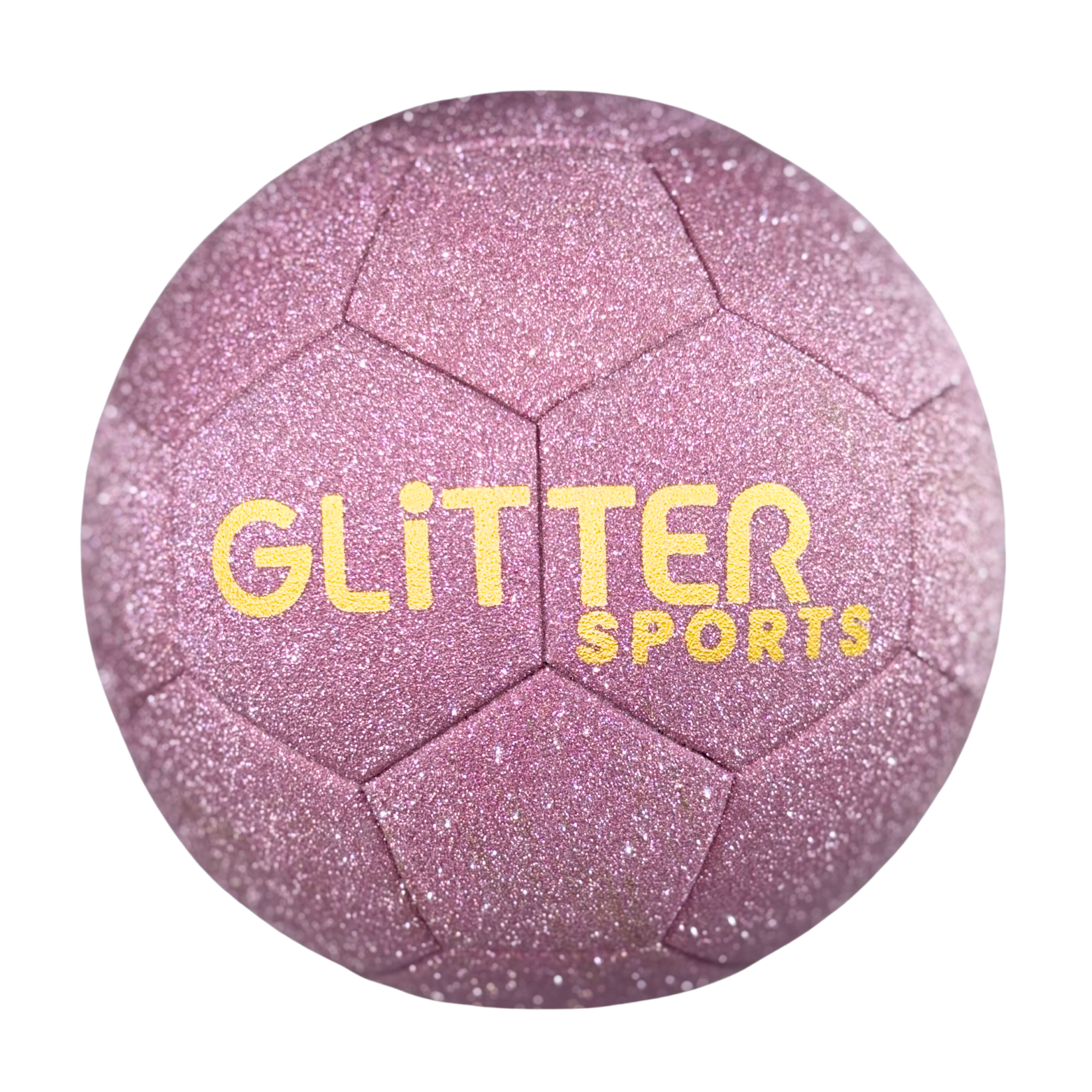 Light pink sparkly glitter soccer ball with gold 'Glitter Sports' logo on transparent background.