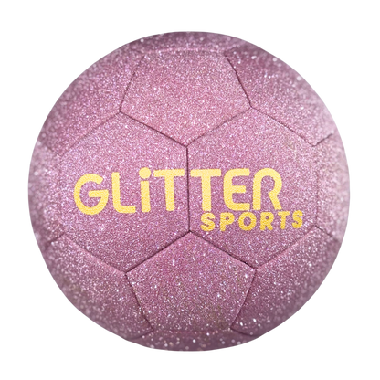 Light pink sparkly glitter soccer ball with gold 'Glitter Sports' logo on transparent background.