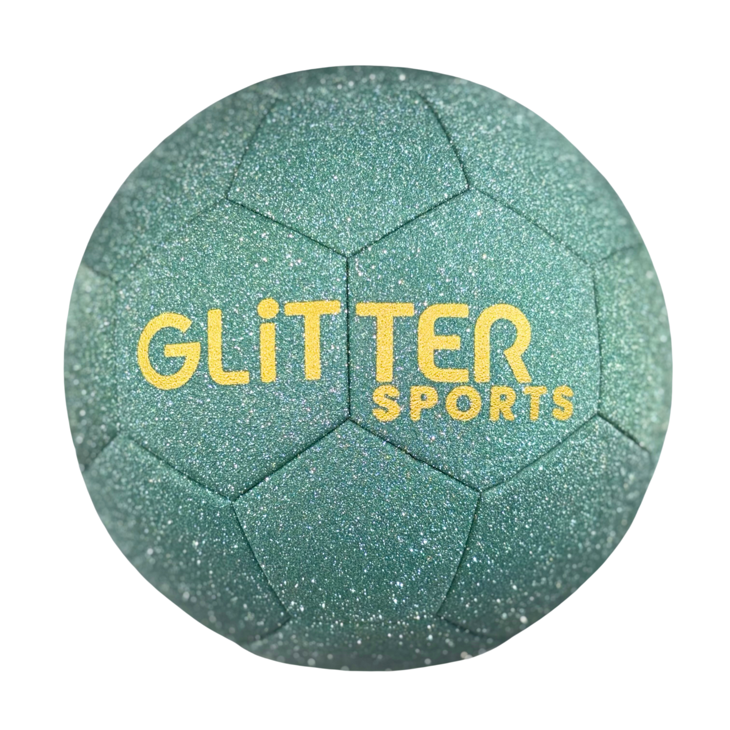 Mint green glitter soccer ball with gold 'Glitter Sports' logo on transparent background.