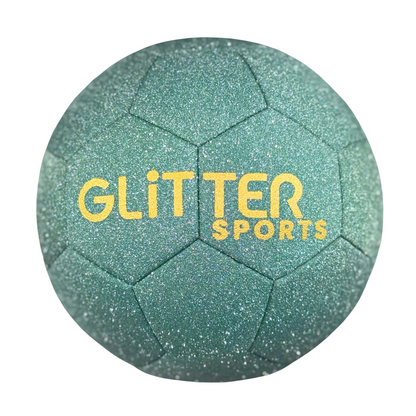 Mint green glitter soccer ball with gold 'Glitter Sports' logo on white background.