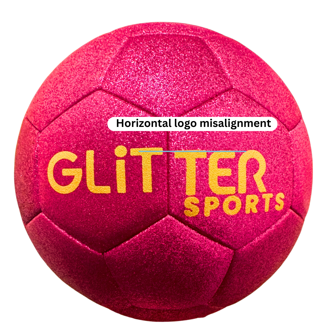 Bright pink glitter soccer ball with gold 'Glitter Sports' logo. Blue line across logo and white text bubble saying 'horizontal logo misalignment' above it.