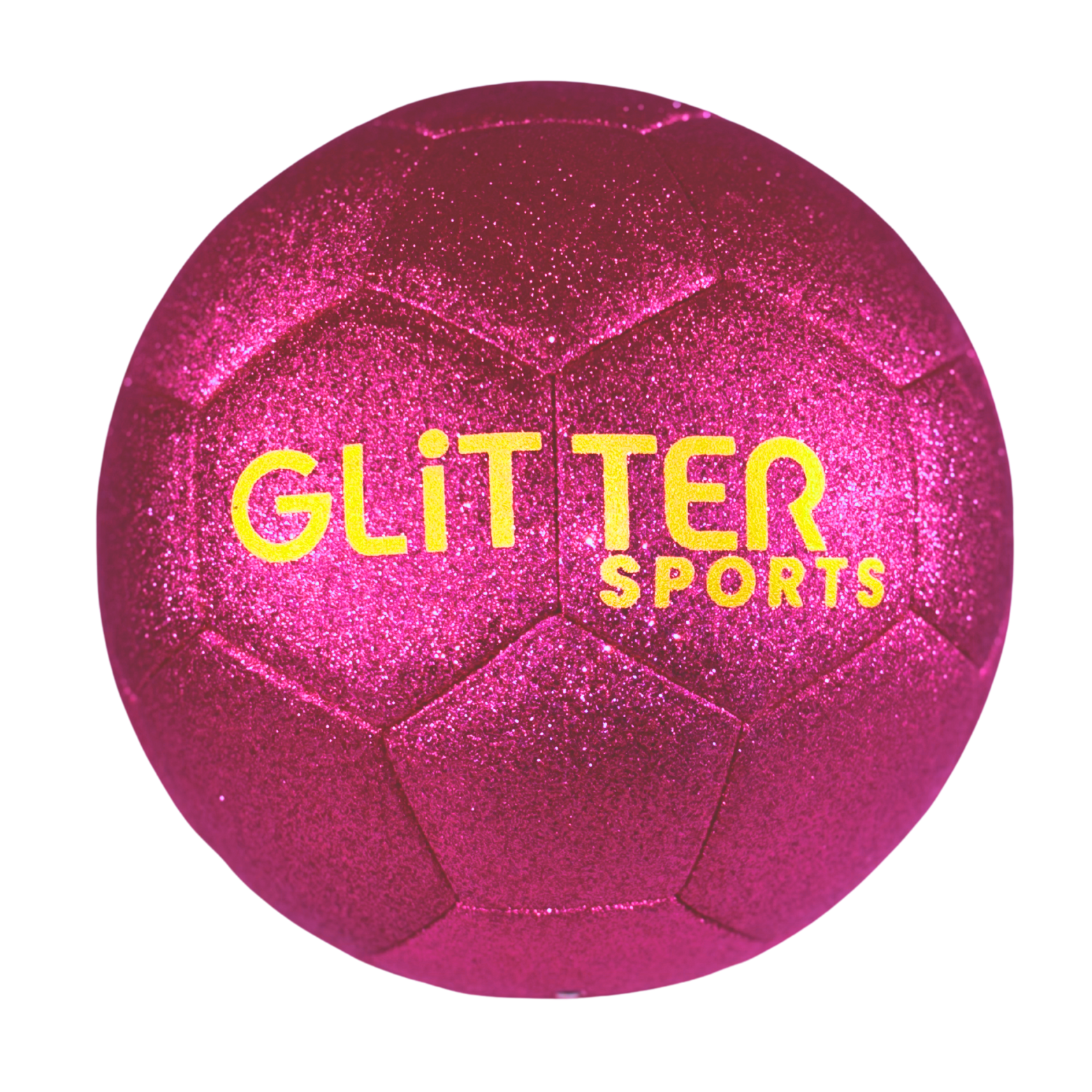 Bright pink glitter soccer ball with gold 'Glitter Sports' logo on transparent background.