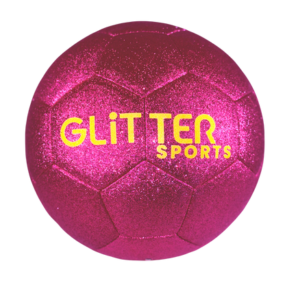 Bright pink glitter soccer ball with gold 'Glitter Sports' logo on transparent background.