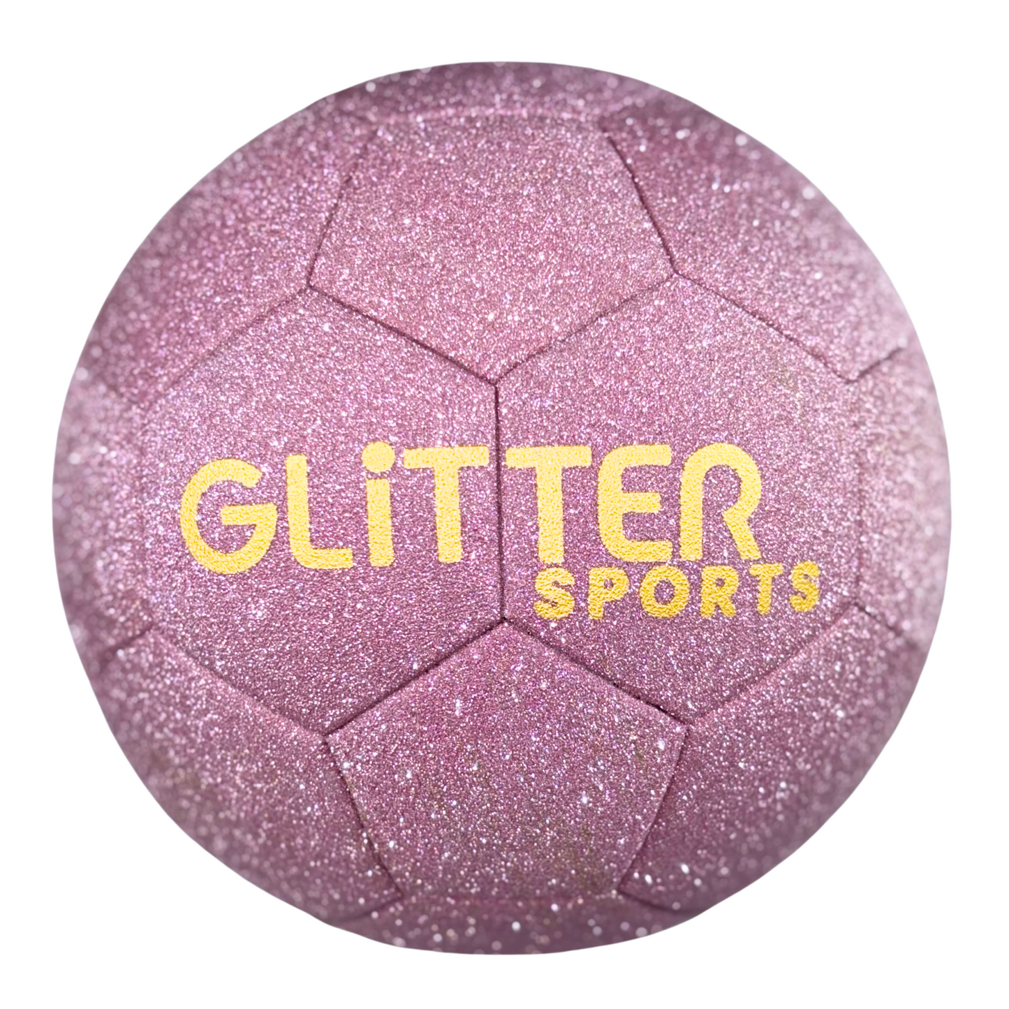 Sparkly pink glitter soccer ball with gold 'Glitter Sports' logo on white background.