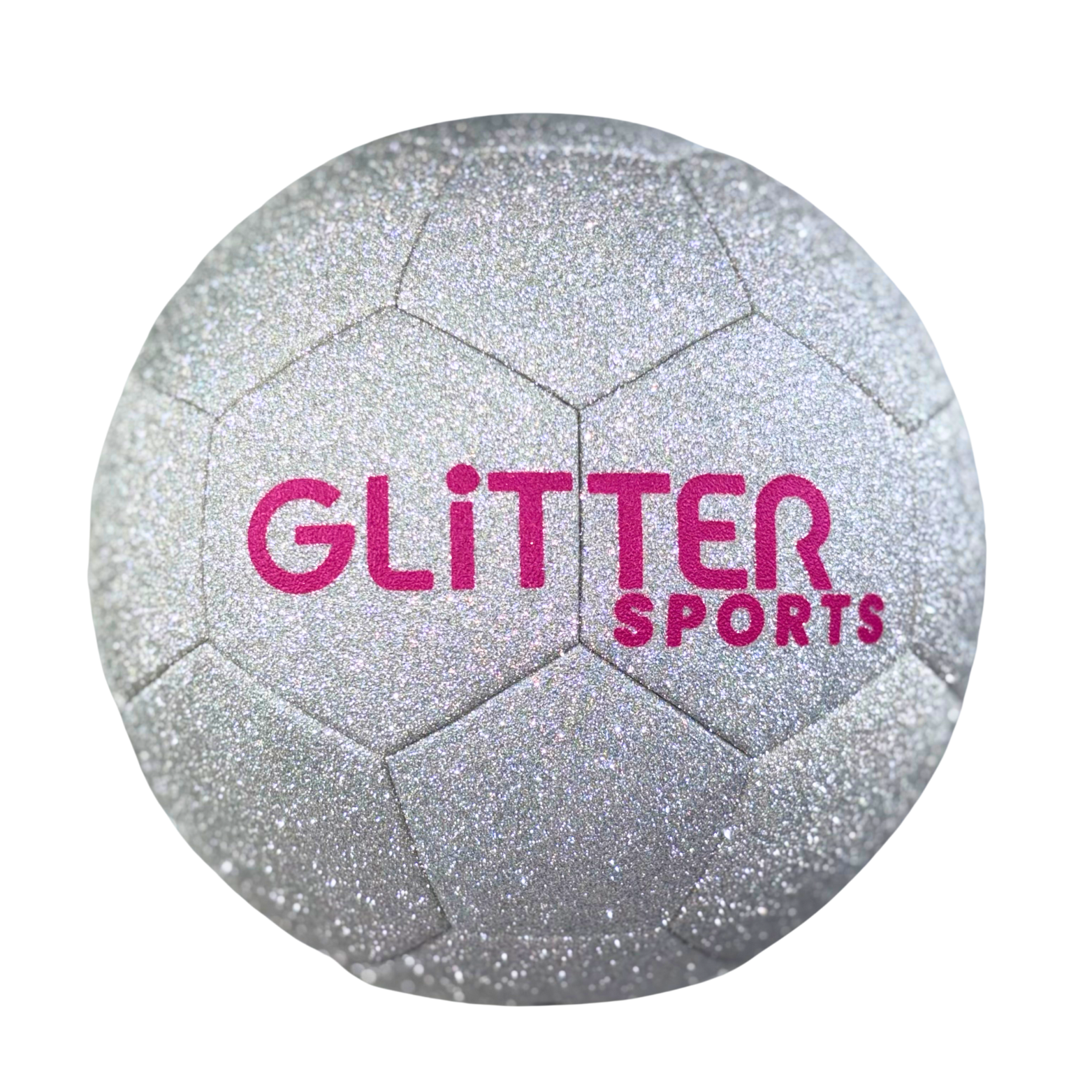 Sparkly, silver glitter kids soccer ball with pink 'Glitter Sports' logo on transparent background.