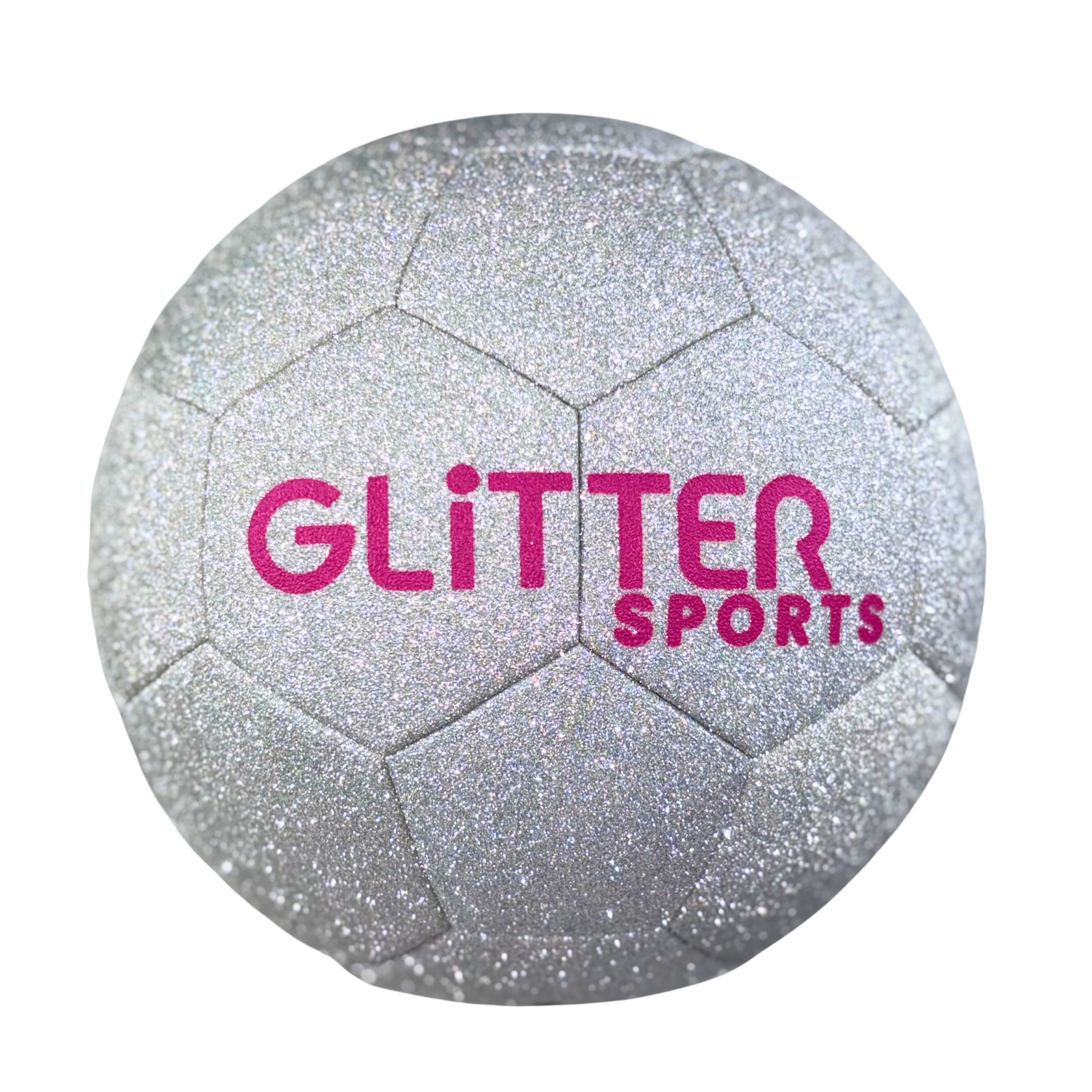 Sparkly, silver glitter soccer ball with pink 'Glitter Sports' logo on white background.