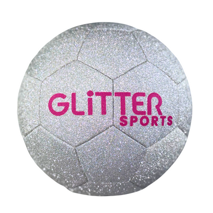 Sparkly, silver glitter soccer ball with pink 'Glitter Sports' logo on white background.