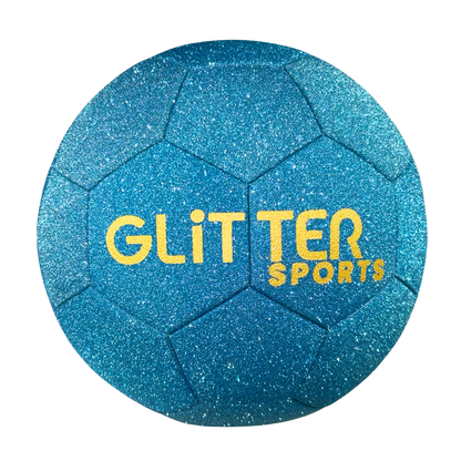 Aqua blue glitter kids soccer ball with gold 'Glitter Sports' logo on transparent background.