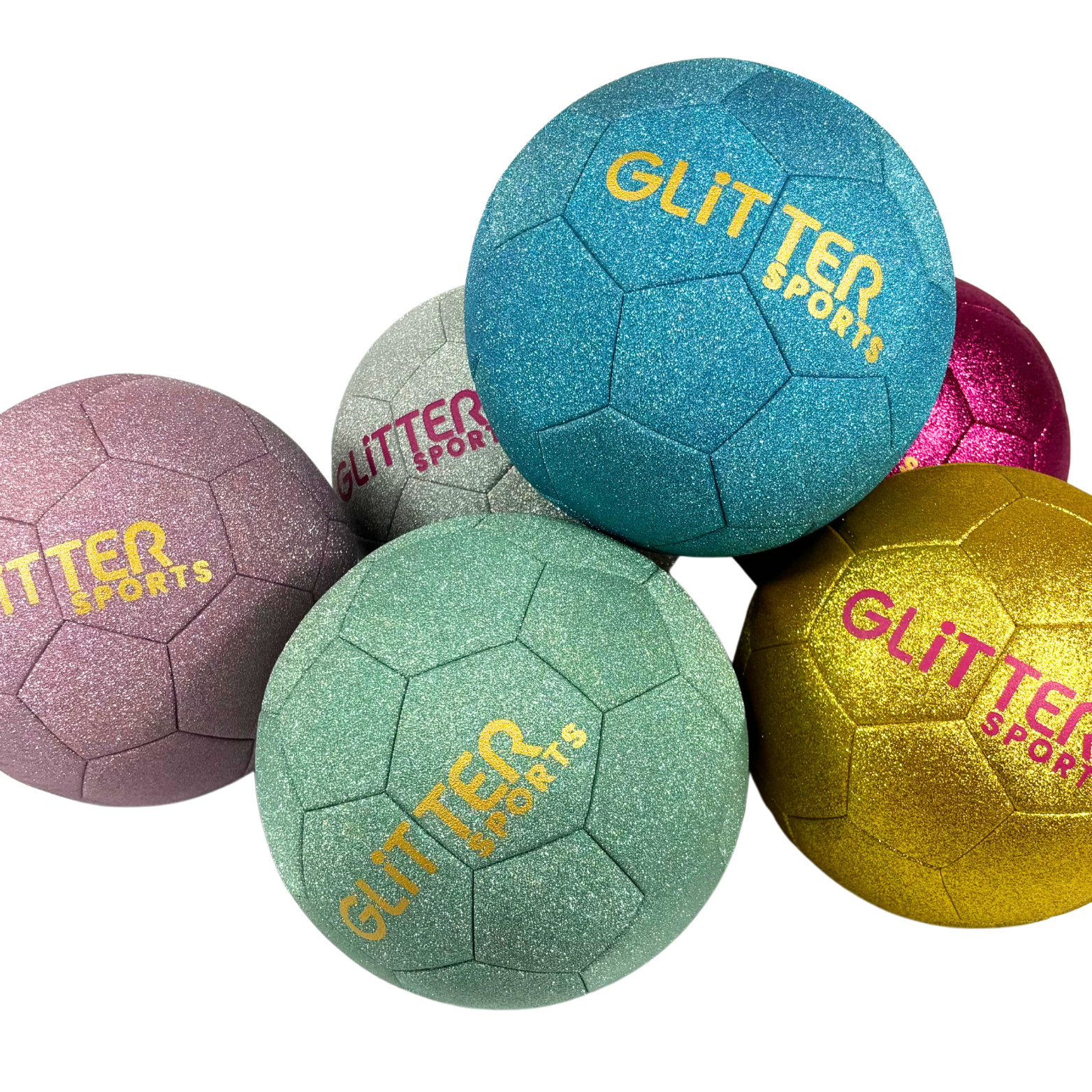 A pile of colourful glittery soccer balls in blue, pastel pink, green, gold and bright pink with gold and pink 'Glitter Sports' logos on transparent background.