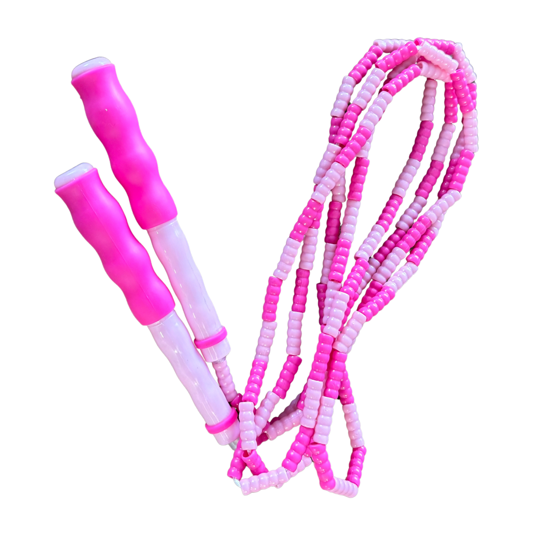 Pink two-tone soft bead skipping rope on white background.