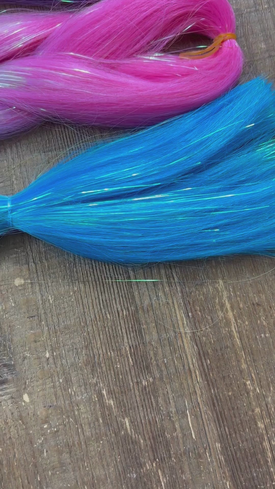 Flyover of Disney princess girls ombre rainbow tinsel hair extension braid collection including pinks, blue, purple, silver and golden yellow.