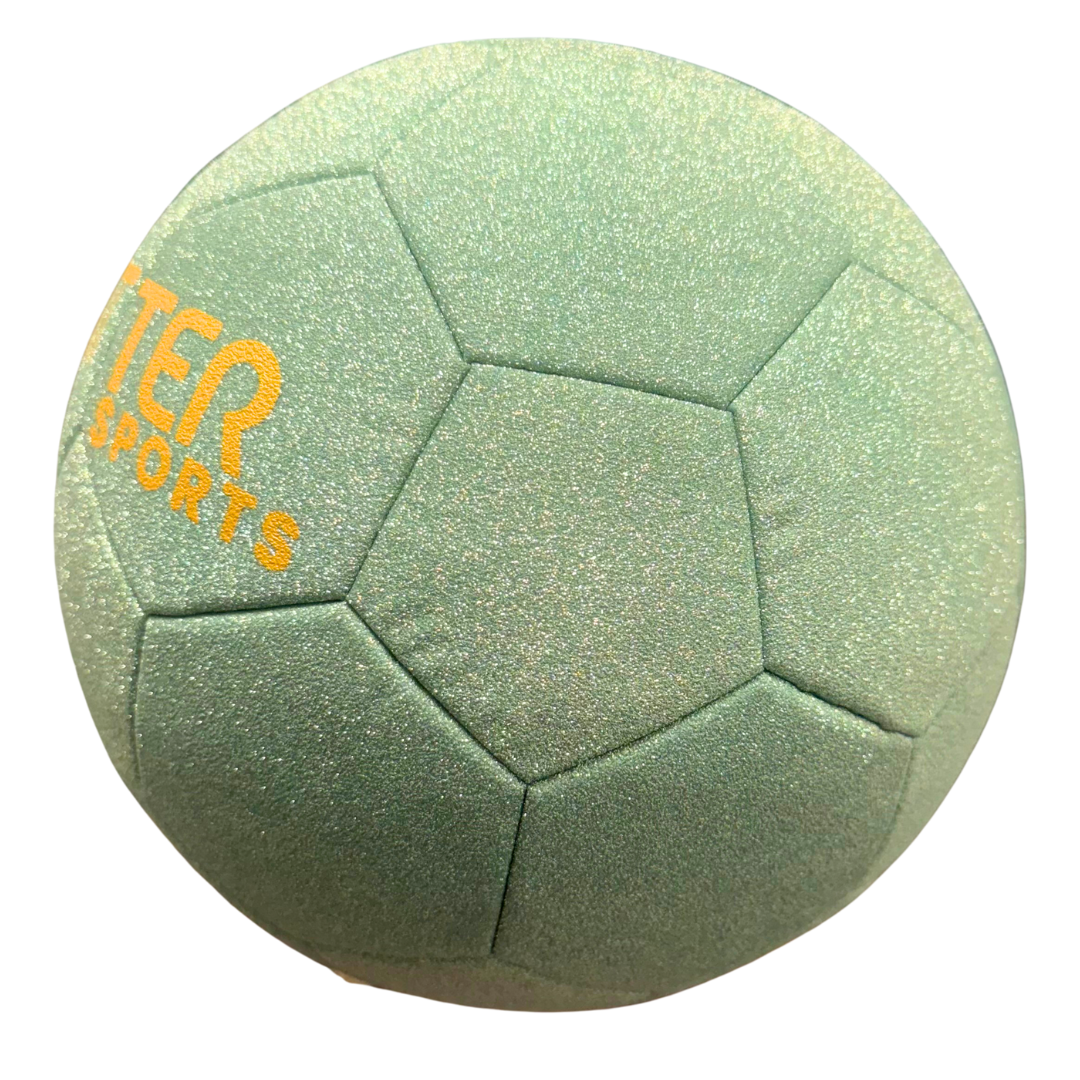 Mint green glitter kids soccer ball on white background.